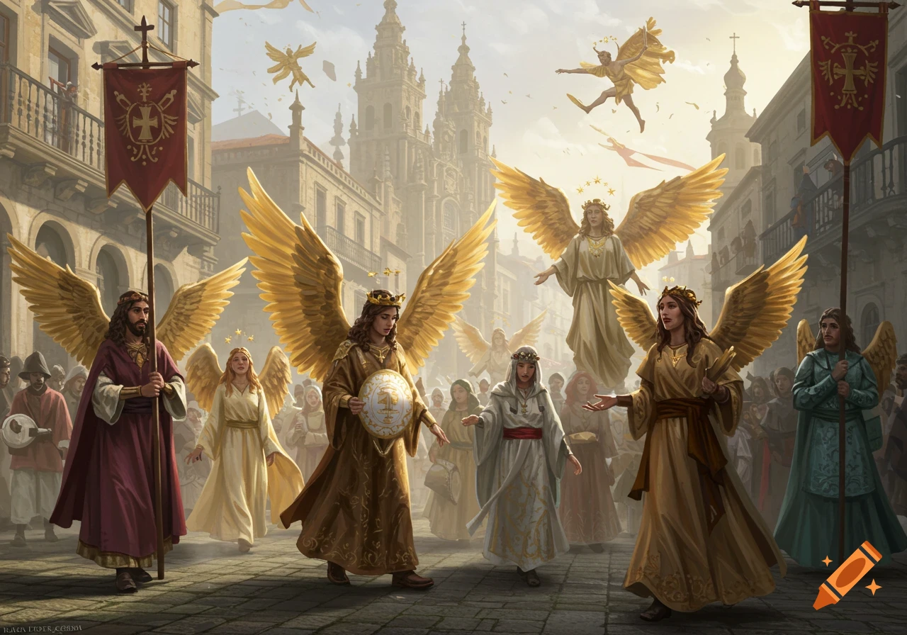 A large group of angels with golden wings and halos process through a sunny, ornate medieval town square with cathedrals in the background, led by figures carrying banners and shields.