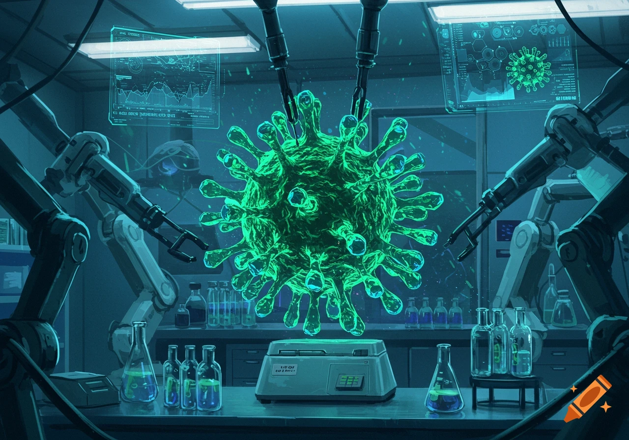 A microscopic virus held by robotic arms in a futuristic laboratory with glowing screens and beakers.