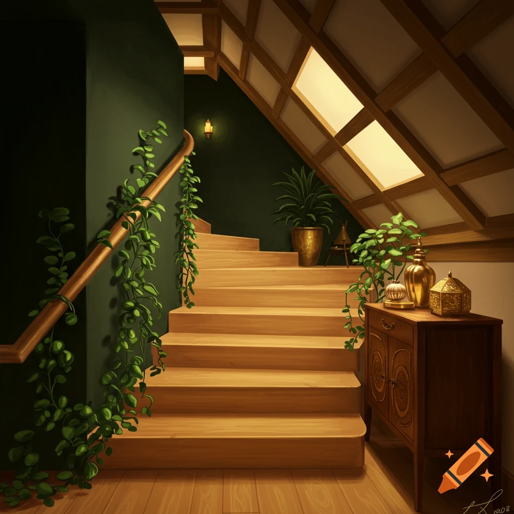 Cozy, elegant indoor staircase with light wooden steps, dark green walls, trailing green plants, and golden decorations on a console, illuminated by soft warm light.