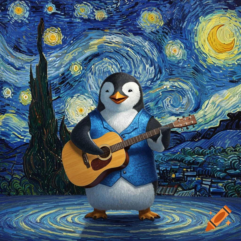 A penguin in a blue vest plays guitar against a vibrant, swirling backdrop in the style of Van Gogh's 'The Starry Night'.