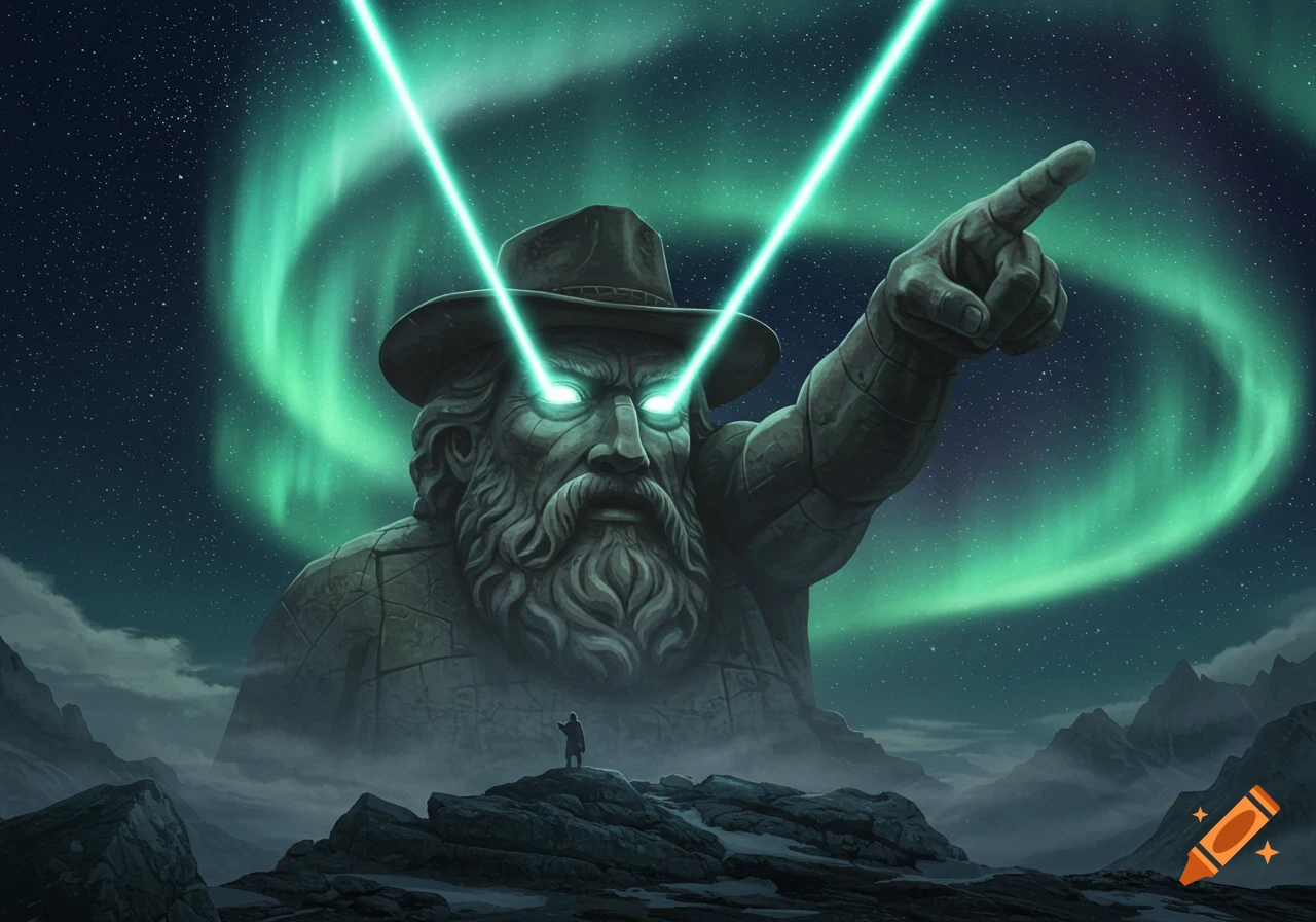 A colossal stone statue with laser eyes and a cowboy hat points to a starry sky with an aurora borealis. A small figure stands on a rocky outcrop below.