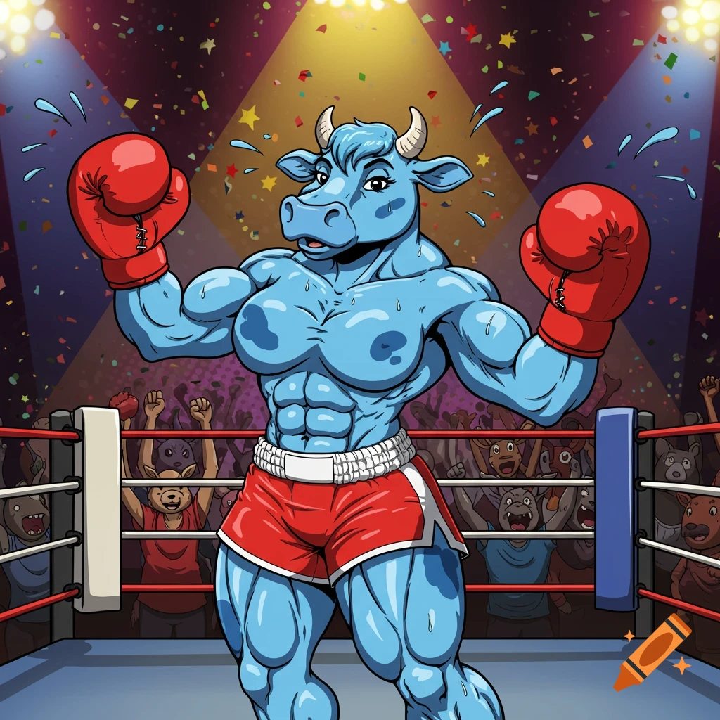 A muscular blue anthropomorphic cow in red boxing shorts and gloves poses triumphantly in a boxing ring, surrounded by confetti and a cheering crowd, in a vibrant comic style.