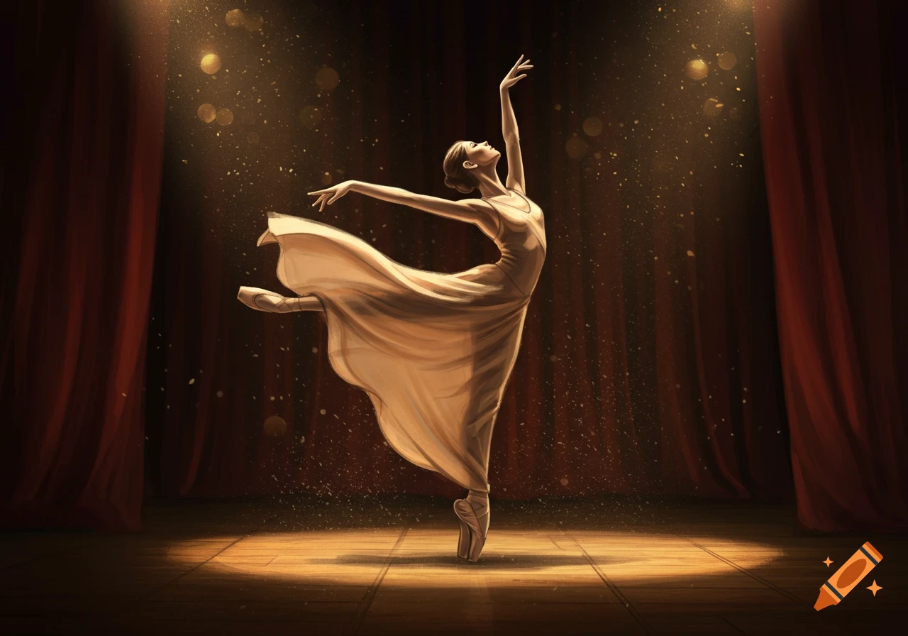 Ballerina in a flowing dress dances en pointe on a spotlighted stage with red curtains and sparkling dust.