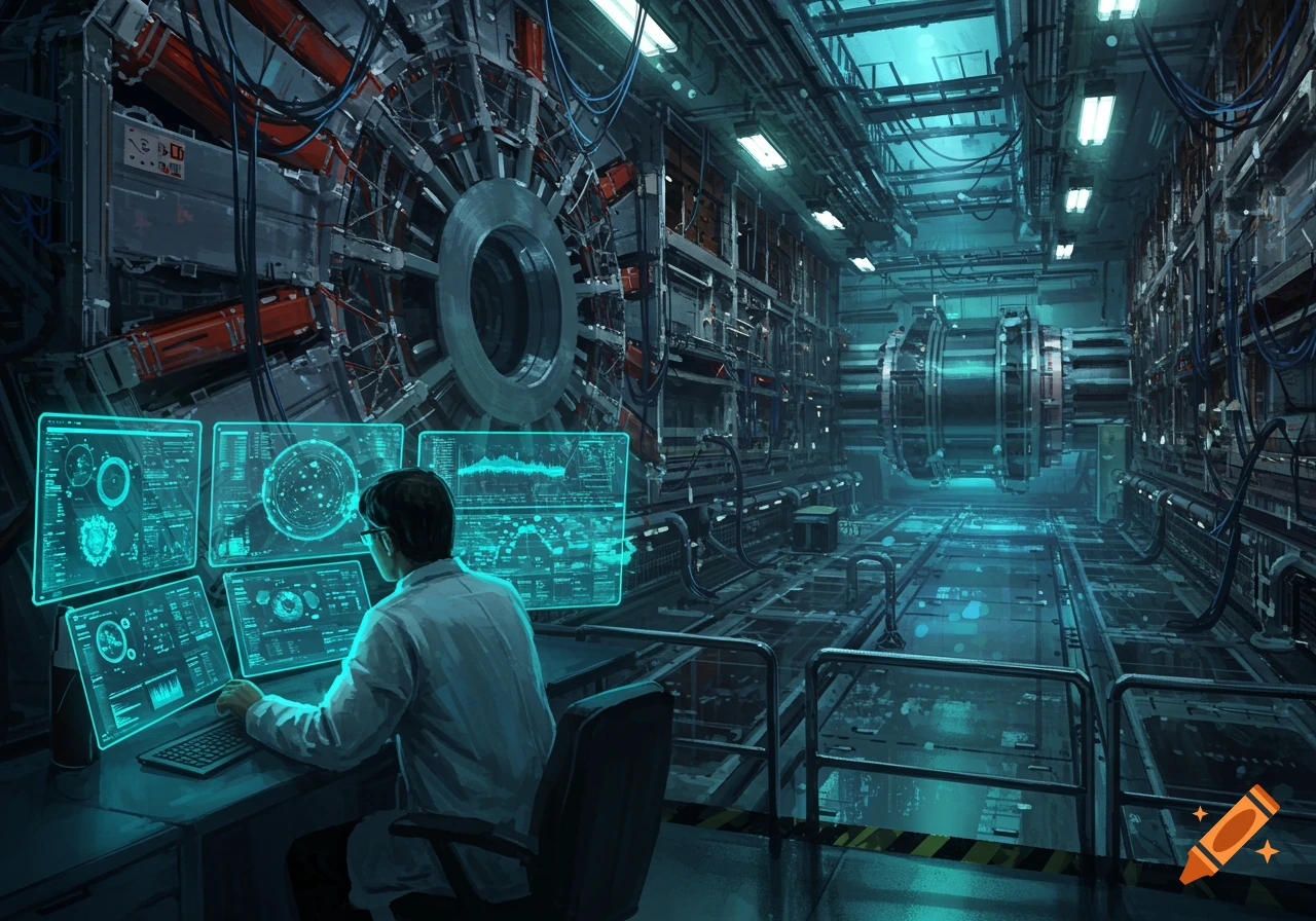 A person in a lab coat works at a desk with multiple glowing blue screens in a vast, futuristic particle accelerator laboratory.