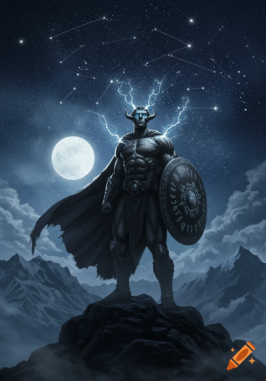 A muscular, horned warrior stands on a mountain peak at night, holding a shield with glowing runes. Lightning emanates from his head under a star-filled sky and a full moon.