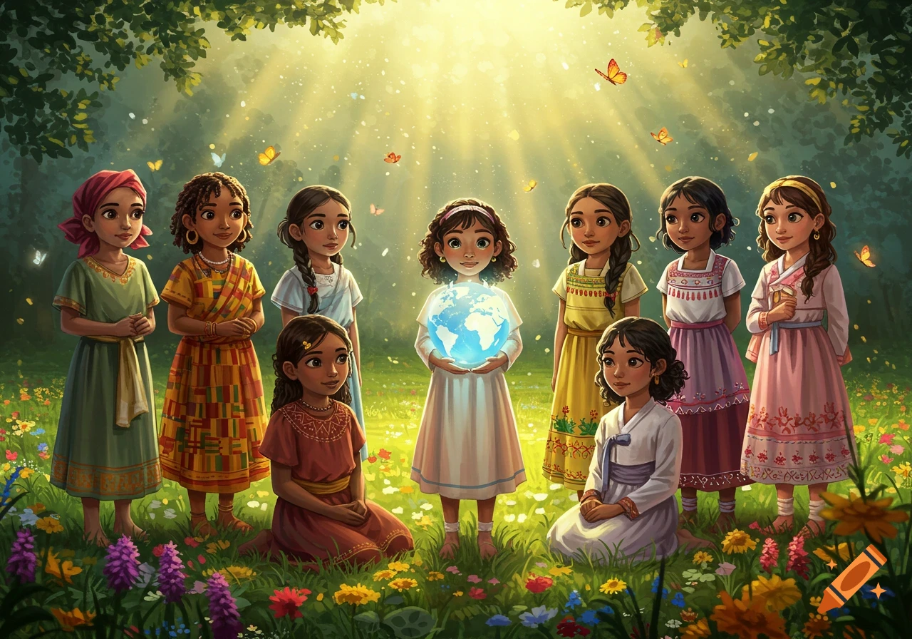 A group of diverse girls in traditional clothes stand and sit in a sunlit forest clearing, one holding a glowing earth. Digital art.