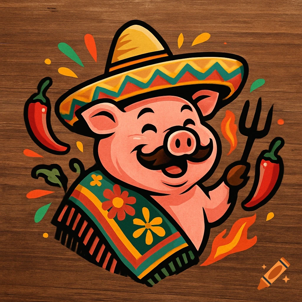 A cartoon pig with a mustache, sombrero, and serape holds a fork and chili peppers against a wooden background.