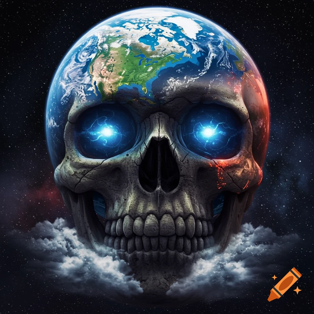 A skull with the Earth forming its cranium, glowing blue eyes, emerging from clouds in a starry space.