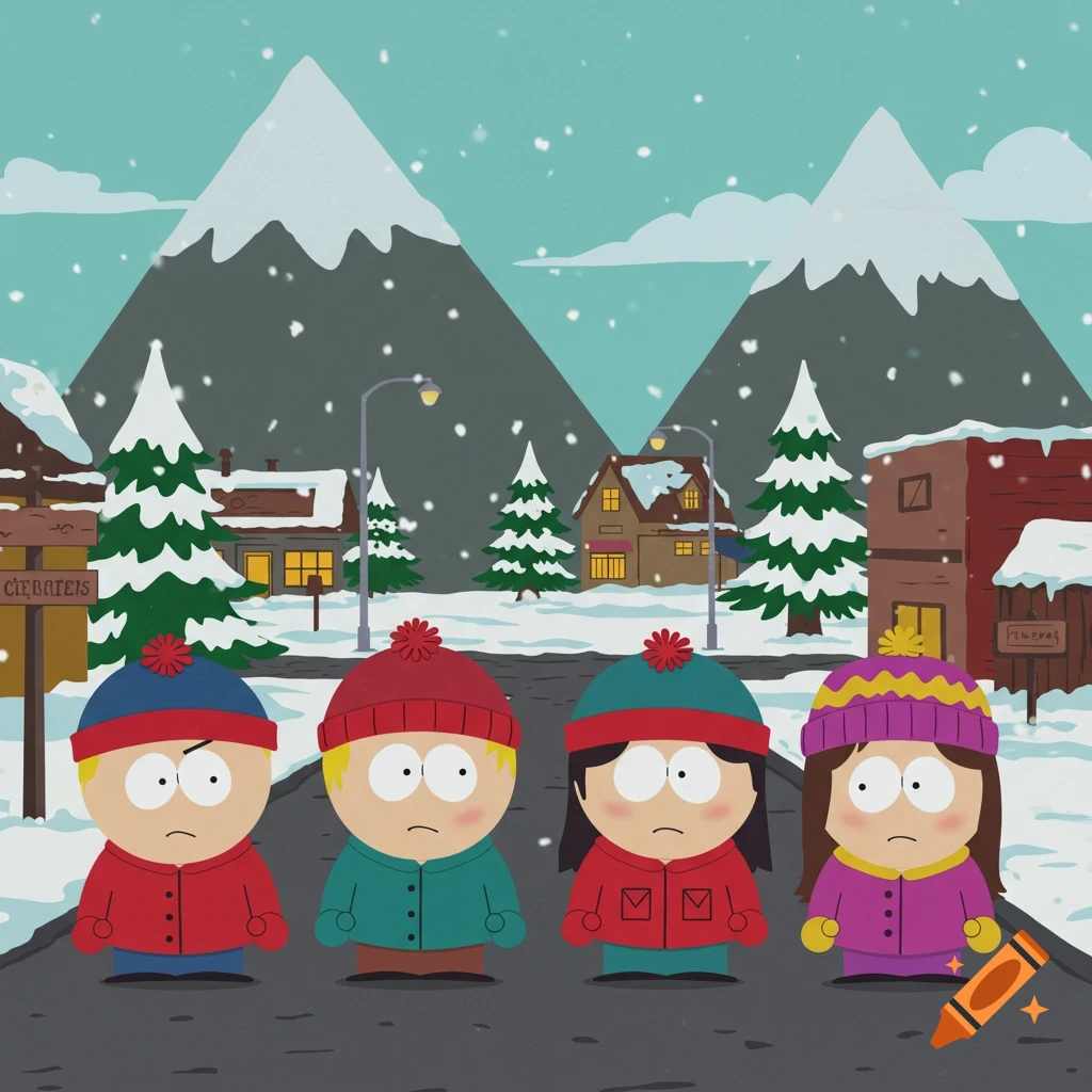 Four South Park cartoon kids stand on a snowy street in a mountain town as snow falls.