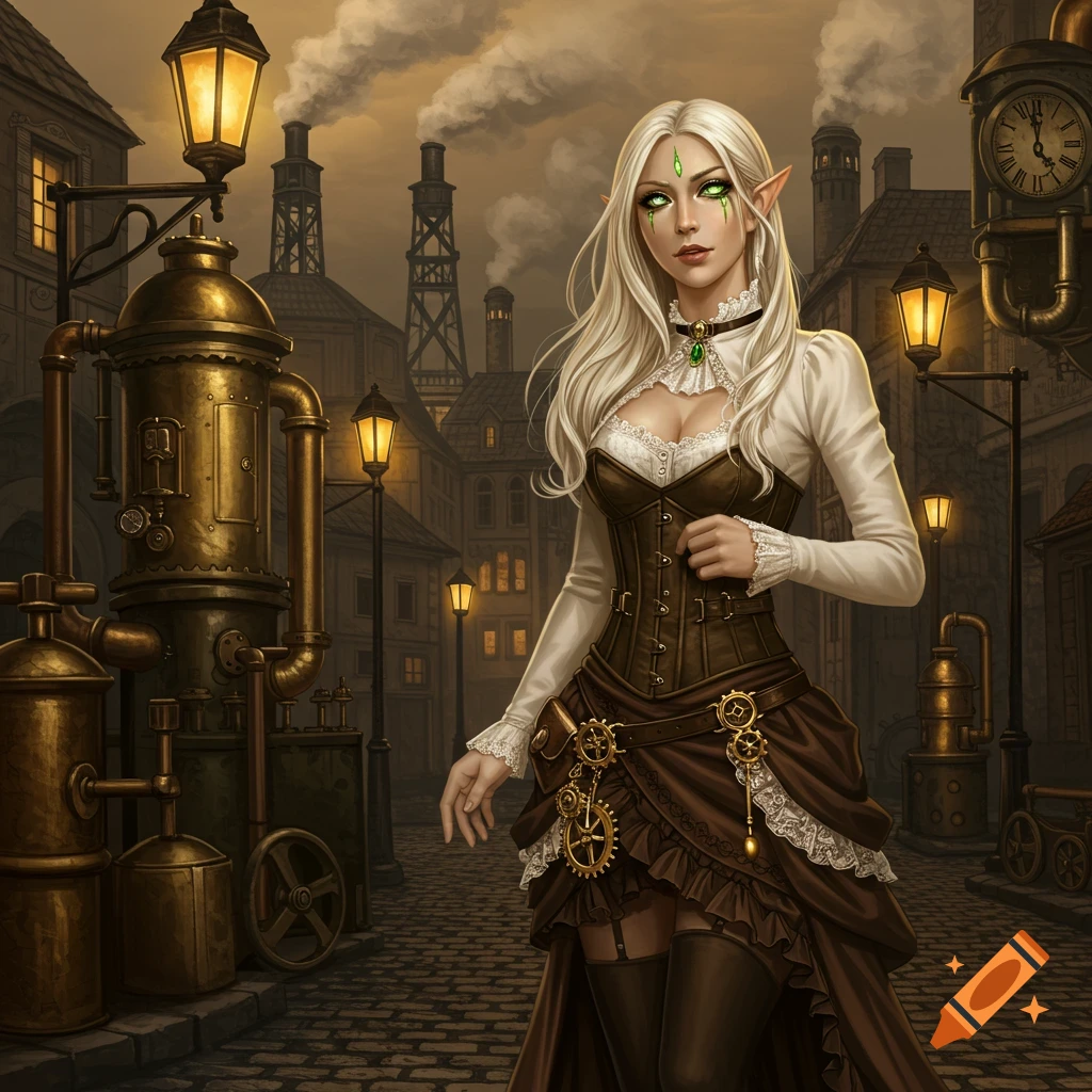 A blonde half-elf woman with glowing green eyes in a steampunk outfit stands in an industrial Victorian street.