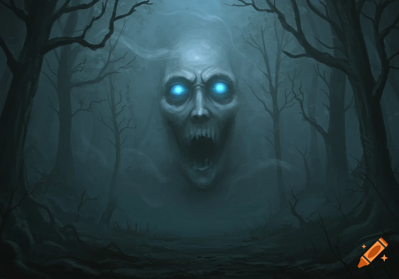 A terrifying spirit face with glowing blue eyes and fangs emerges from a dark, foggy forest in a horror art style.