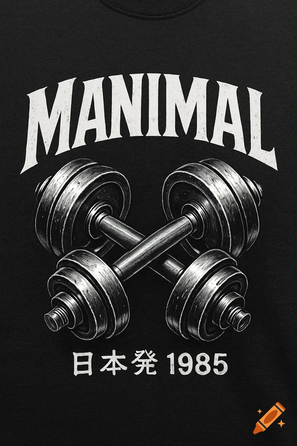 Black t-shirt design with white distressed text 'MANIMAL' above two crossed dumbbells and '日本発 1985' below.
