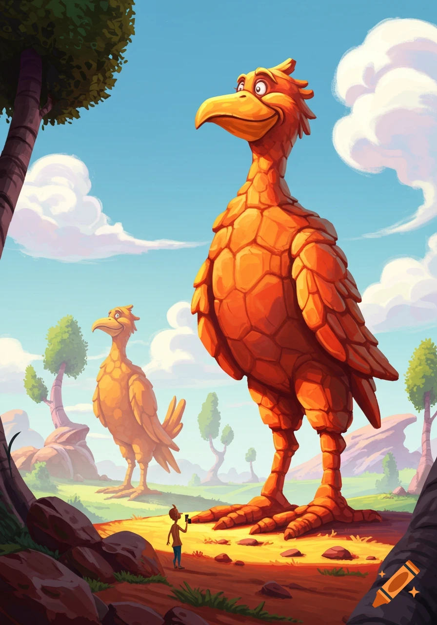 A small person stands before two giant, orange, scaly, cartoon birds in a whimsical landscape under a blue sky.