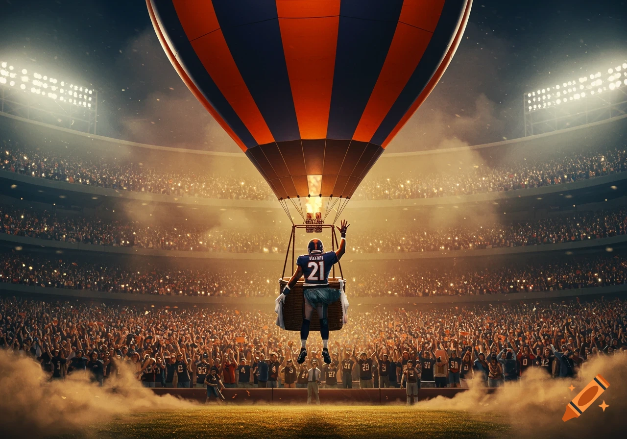 A football player in a blue and orange jersey waves to a stadium crowd while being lifted by a hot air balloon over the field.
