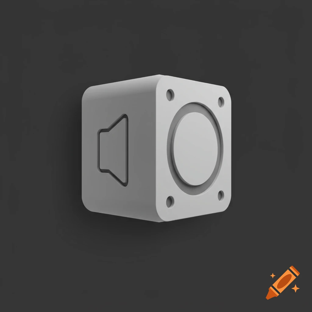 A simple, minimalist grey speaker icon cube with a sound symbol on one side and a circular speaker on the front, set against a dark grey background.