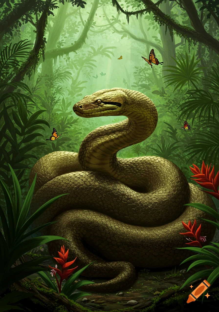 A large, green-gold anaconda is coiled amidst lush jungle foliage, with colorful butterflies fluttering around.