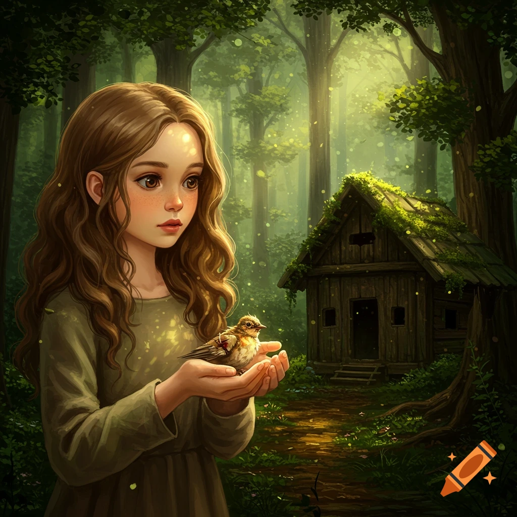 A digital painting of a girl gently holding a small bird in an enchanted forest with a mossy wooden hut.