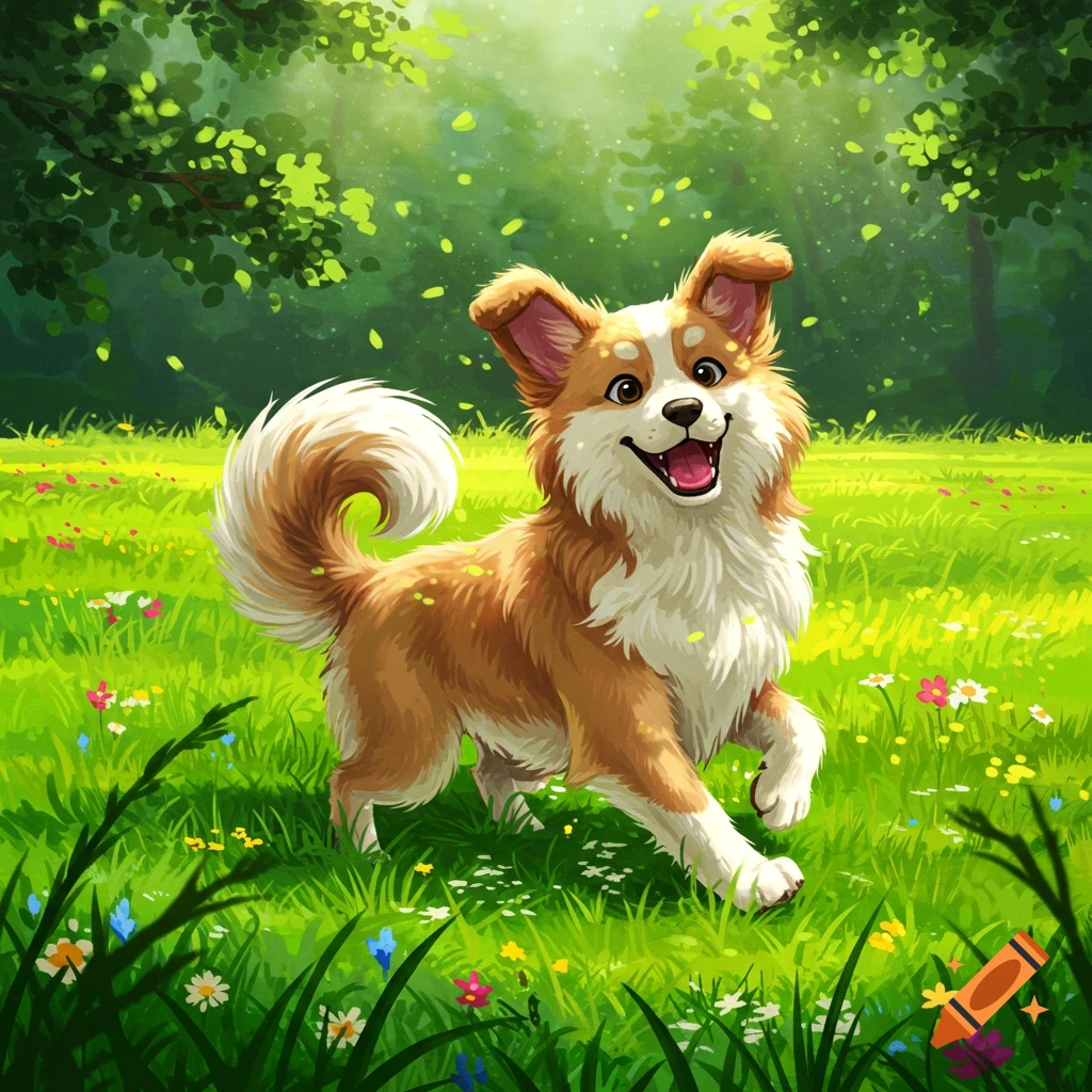 A happy, fluffy, brown and white dog with floppy ears runs through a vibrant green field with colorful flowers, in an illustrated style.