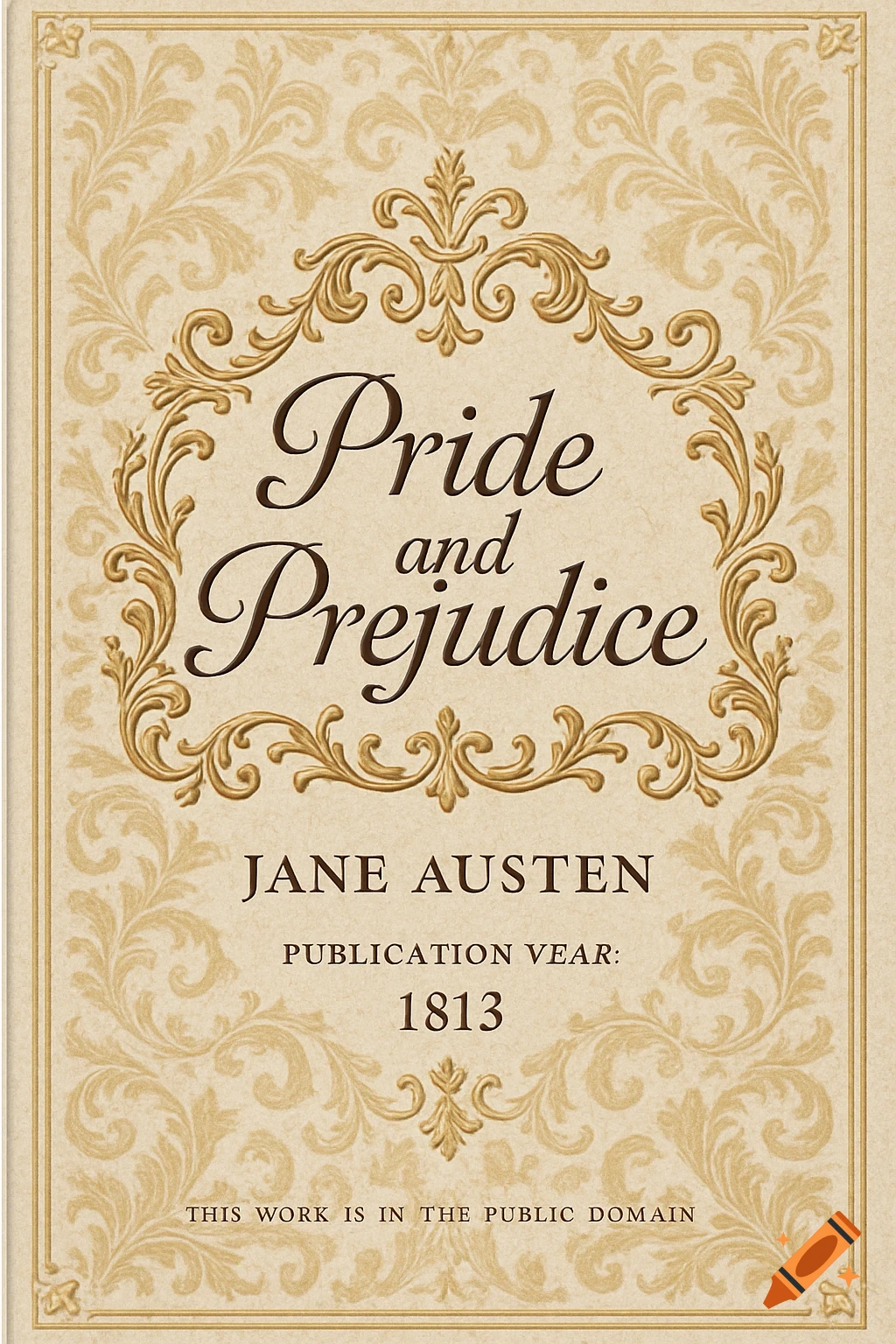 A vintage-style book cover for 'Pride and Prejudice' by Jane Austen, with elegant gold scrollwork on a beige background.