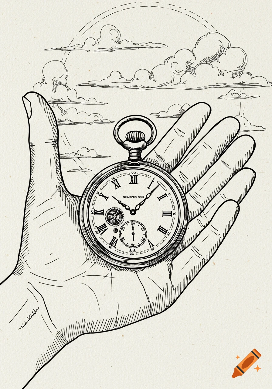 An outline drawing of a hand holding a pocket watch, with clouds in the background.