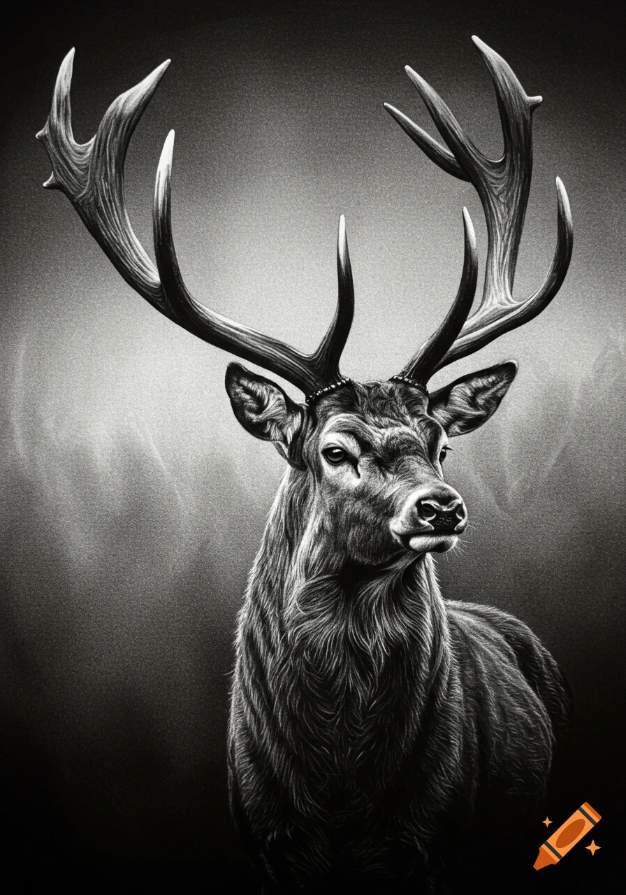Close-up charcoal drawing of a majestic deer with large antlers, rendered in black and white.