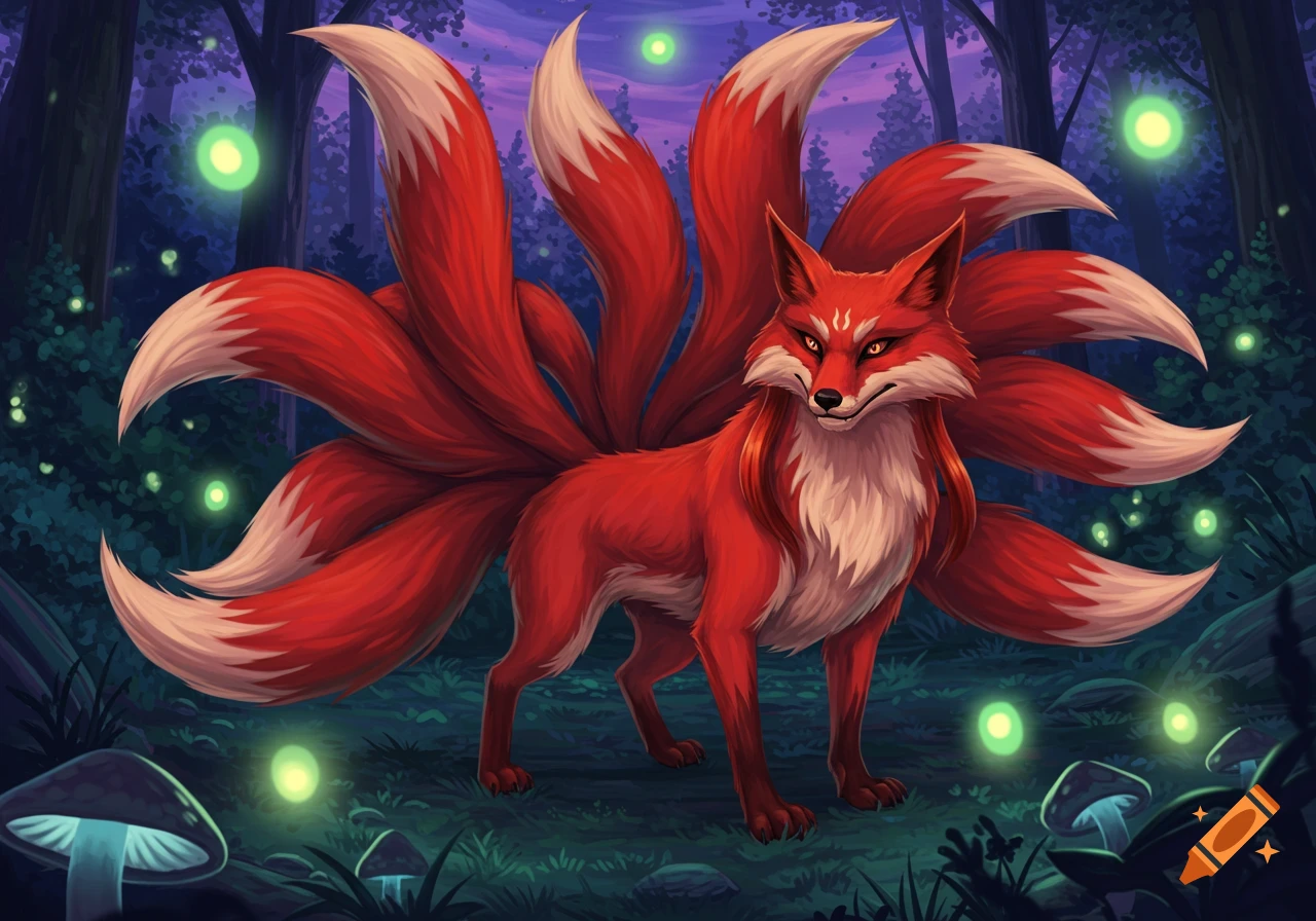 An illustration of a majestic, nine-tailed red fox (Kitsune) with glowing yellow eyes, standing in a magical forest at night with bioluminescent mushrooms and fireflies.