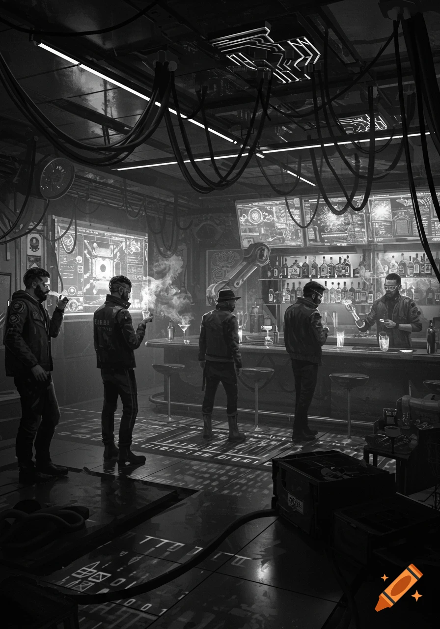 A black and white, photorealistic image of a cyberpunk bar with men drinking and smoking at the counter, displaying futuristic tech.
