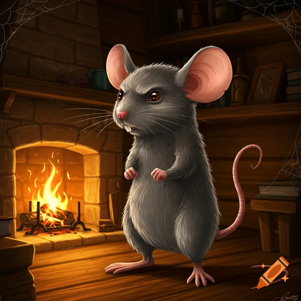 An angry gray mouse stands on a wooden floor before a fireplace in a rustic room, digital illustration.