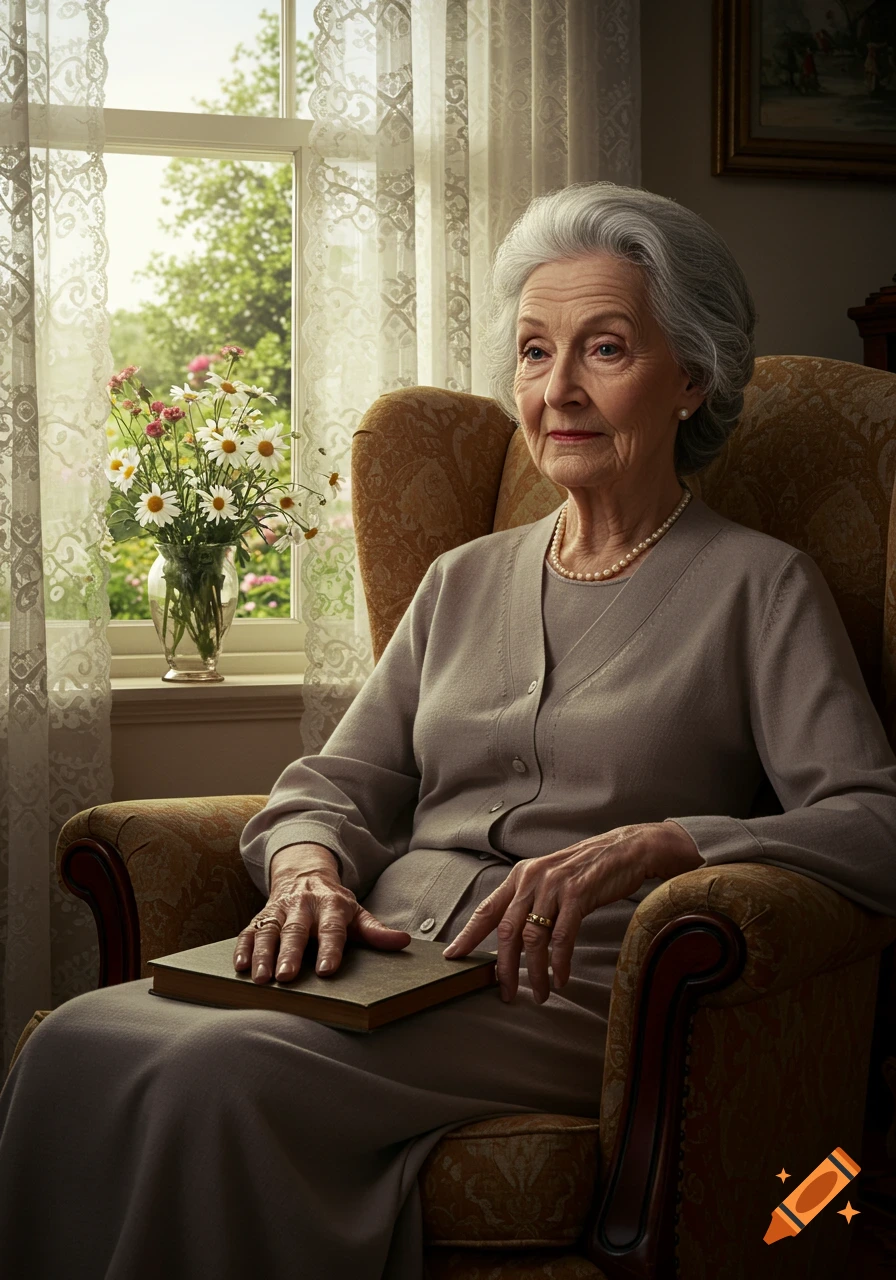Photorealistic portrait of an elderly woman with gray hair sitting in an armchair, holding a book, by a window with flowers.