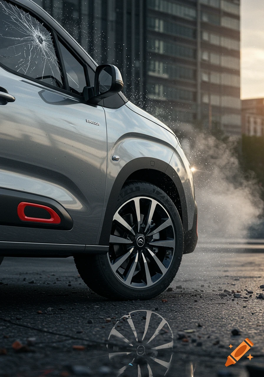 Photorealistic shot of a grey Citroën Berlingo van with a broken windshield, parked on a wet street with reflections in a puddle.