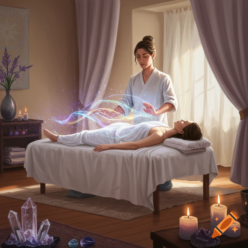 A reiki practitioner performs energy healing on a client lying on a massage table in a serene room with crystals and candles, digital painting.