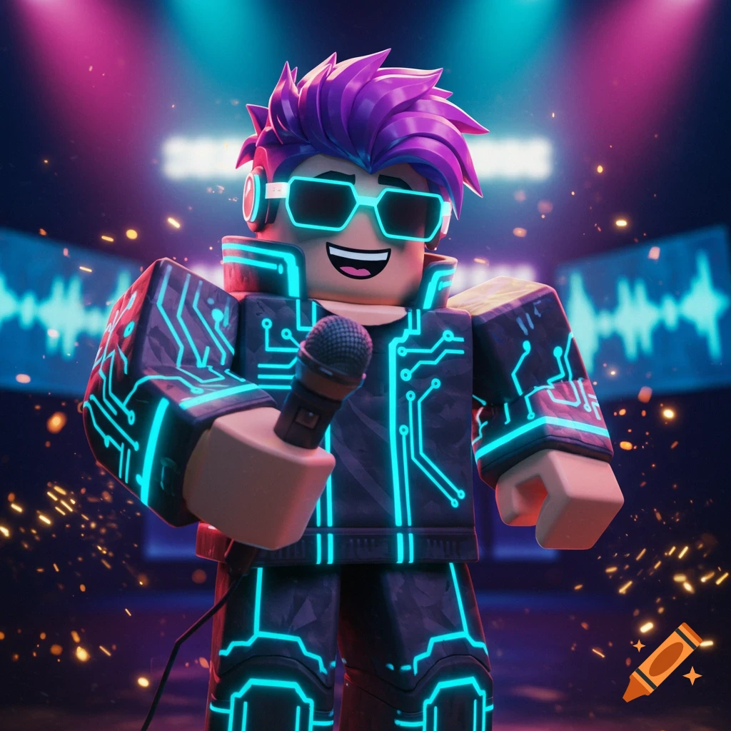 A vibrant 3D render of a Roblox character with purple hair, sunglasses, and a circuit-patterned outfit, holding a microphone on a neon-lit stage.