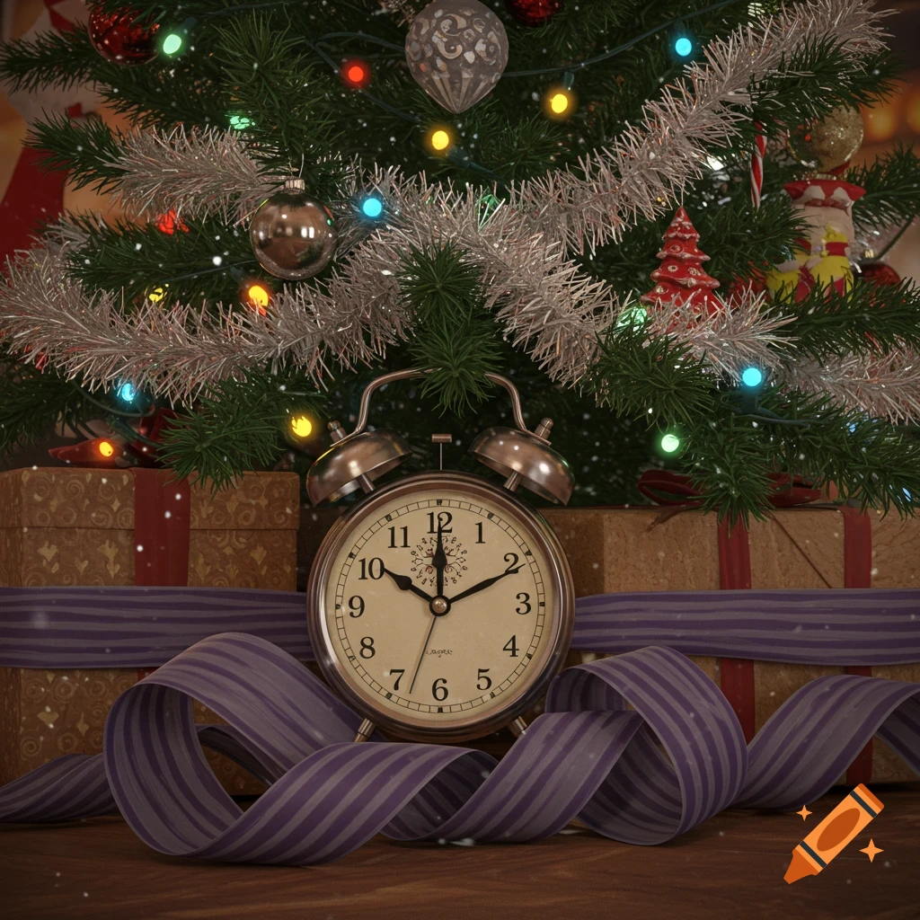 A photorealistic image of an antique alarm clock with purple-grey striped ribbon, surrounded by wrapped gifts under a decorated Christmas tree.