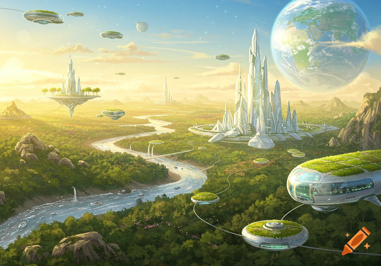 A vibrant futuristic utopian city with crystalline buildings, flying vehicles, lush green landscapes, and a large planet in the sky.