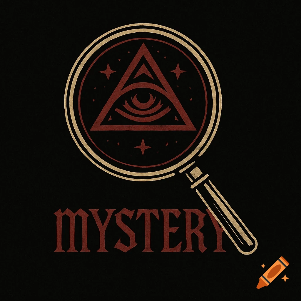 A dark vintage logo featuring a magnifying glass over an Eye of Providence triangle and stars, with the word 'MYSTERY' in gothic font below.