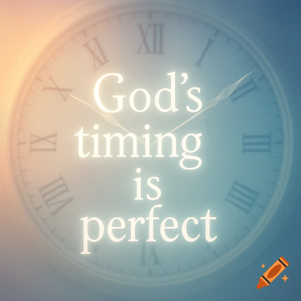 A hazy clock face with glowing white text reading "God's timing is perfect" against a blue and orange background.