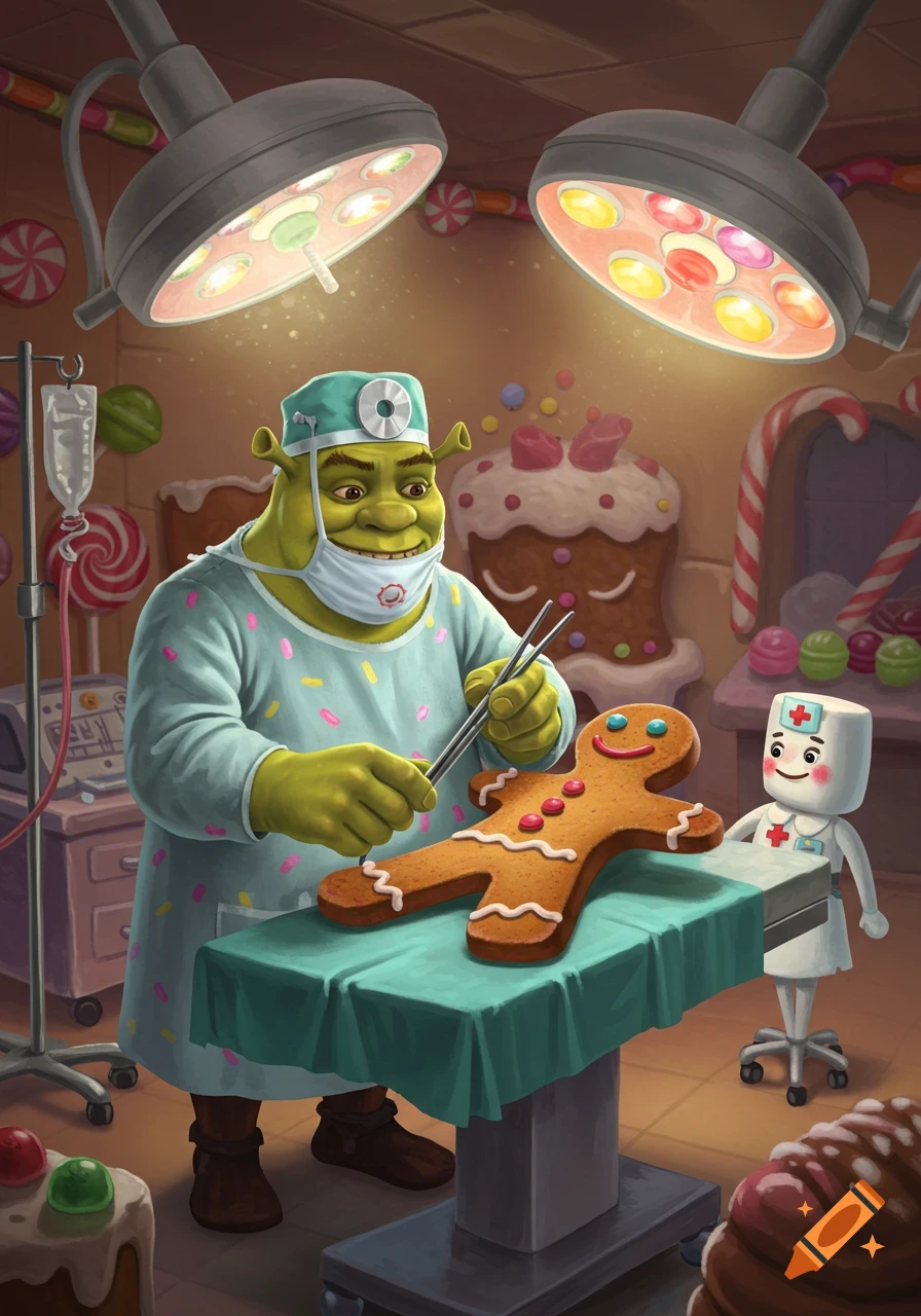 Shrek, dressed as a doctor, operates on a gingerbread man on an operating table in a candy-themed room, assisted by a marshmallow nurse. The scene is brightly lit by surgical lamps.