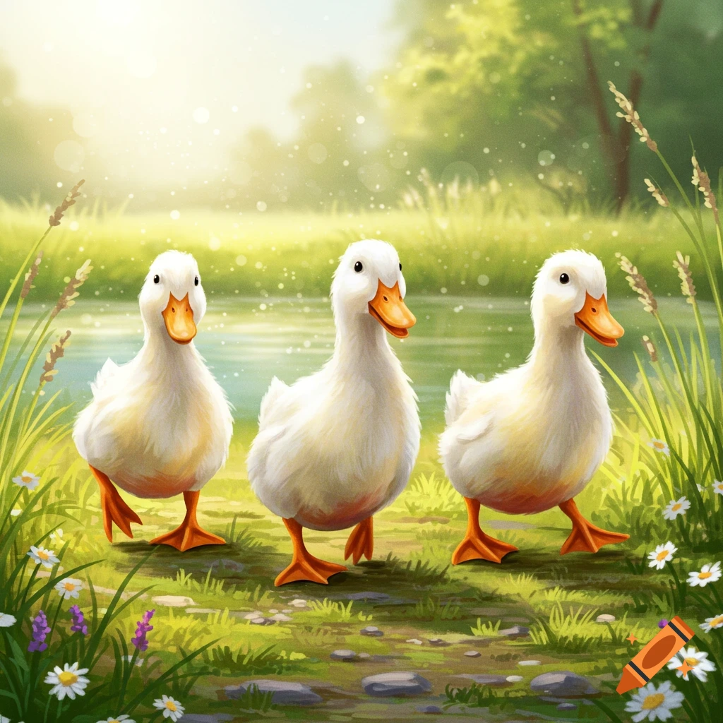 Three cute white ducks waddle along a grassy path next to a pond under a sunny sky, in a vibrant illustration style.