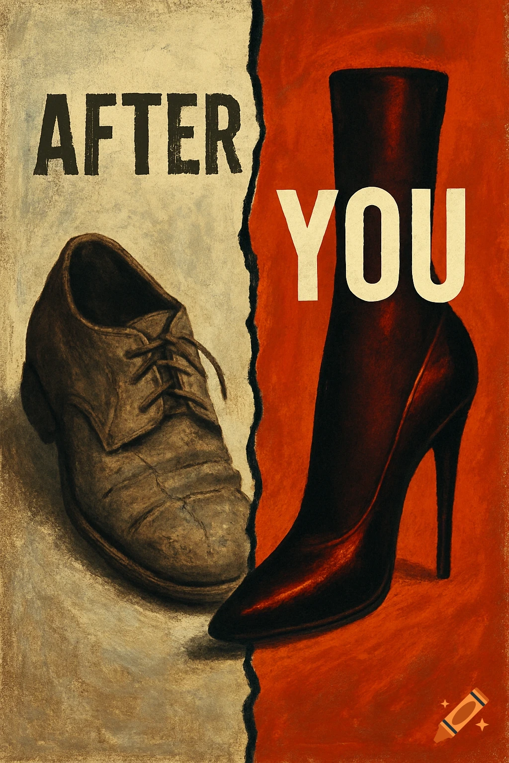 A split-page illustration with a worn brown shoe and 'AFTER' on the left, and a sleek black high-heel boot and 'YOU' on the right.