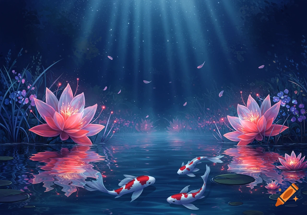 Ethereal fantasy illustration of glowing pink lotus flowers and red-and-white koi fish in a moonlit pond.