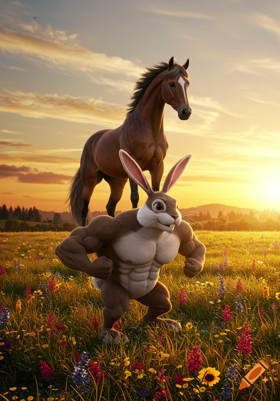 A muscular brown rabbit flexes in a vibrant wildflower field at sunset, with a brown horse standing in the background.