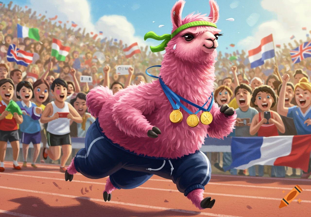A determined pink llama in blue sweatpants and a green sweatband runs a marathon, wearing gold medals, cheered by a crowd under a blue sky in a vibrant illustration.