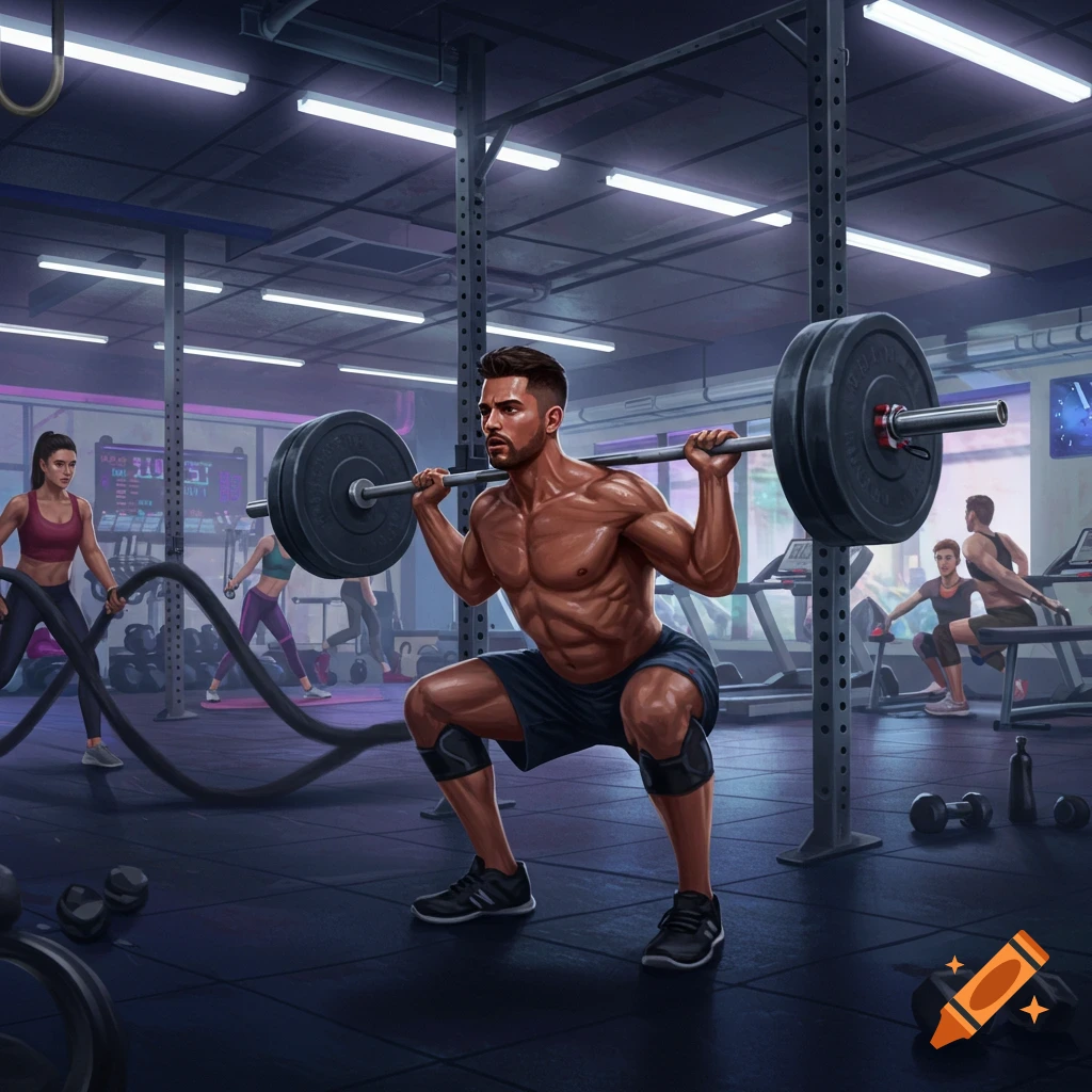 A muscular man squats with a barbell in a busy gym, with other people exercising in the background, digital art.