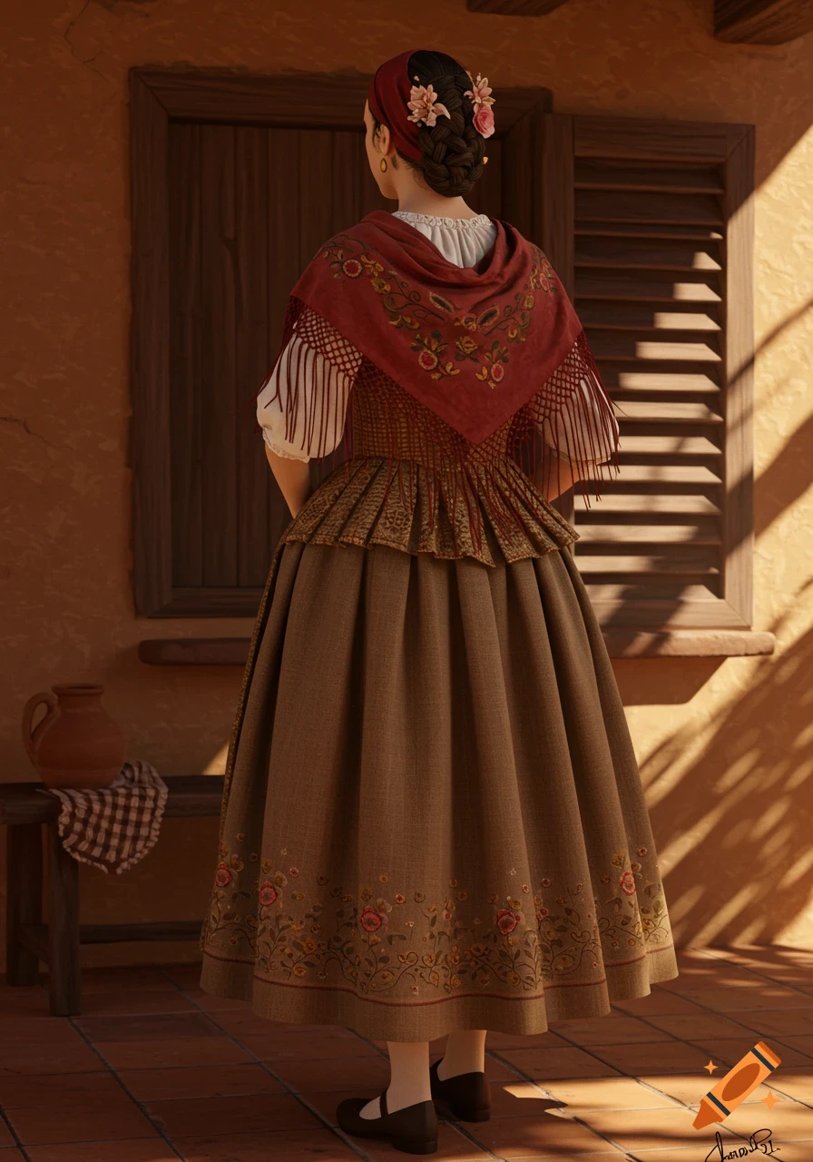 Woman from behind in a traditional brown and red Spanish dress with an embroidered shawl and floral skirt, standing by a window.
