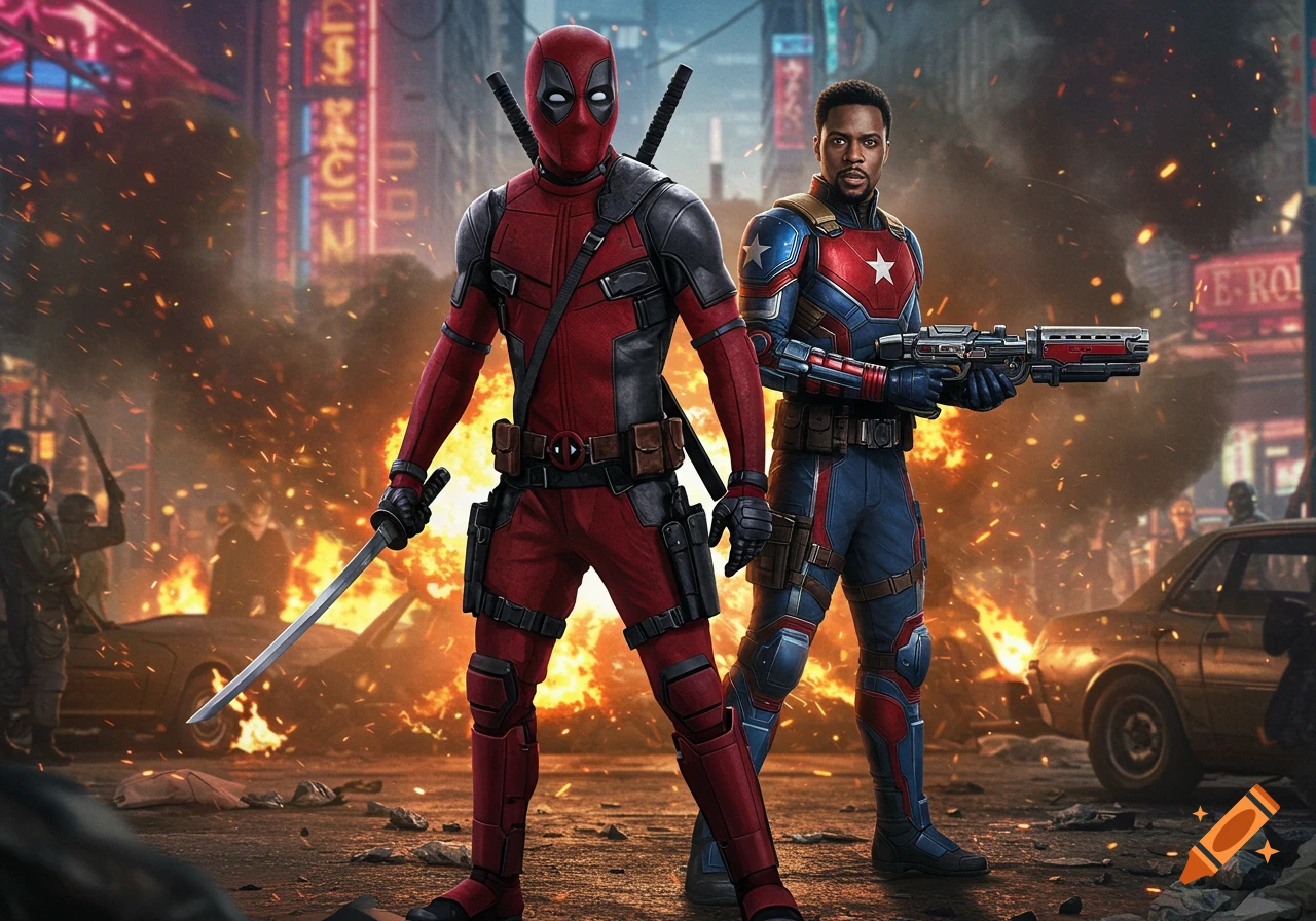 Deadpool and a Captain America-like hero stand in a fiery, ruined city with weapons, cinematic style.