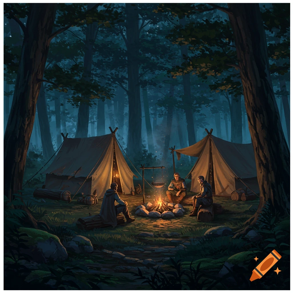 Digital painting of three men sitting around a glowing campfire in a dark forest encampment with two tents at night.