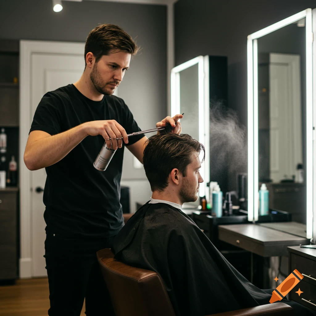 A hairdresser sprays water on a man's hair before cutting it in a modern barbershop.