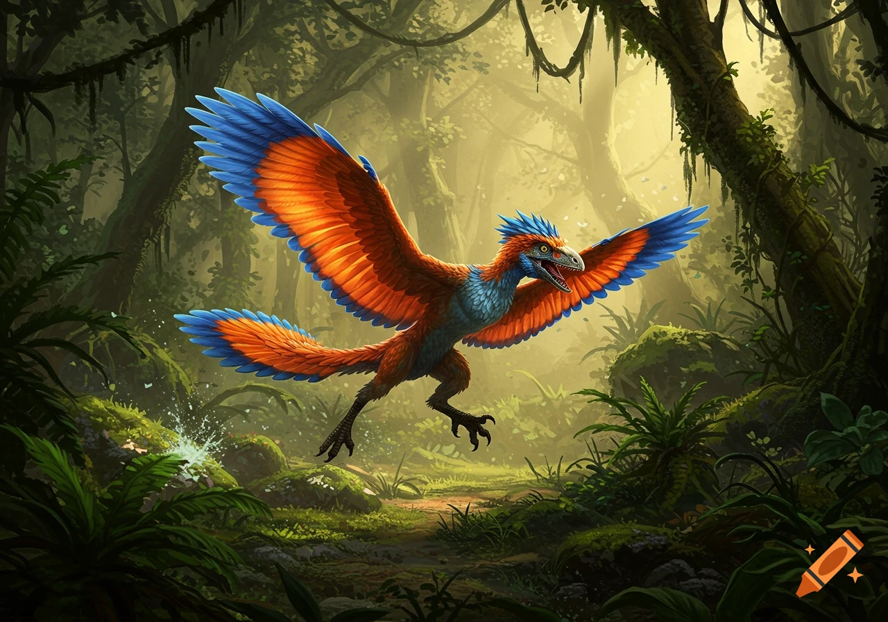 A vibrant, orange and blue feathered dinosaur leaps through a lush, green jungle environment in a digital art style.