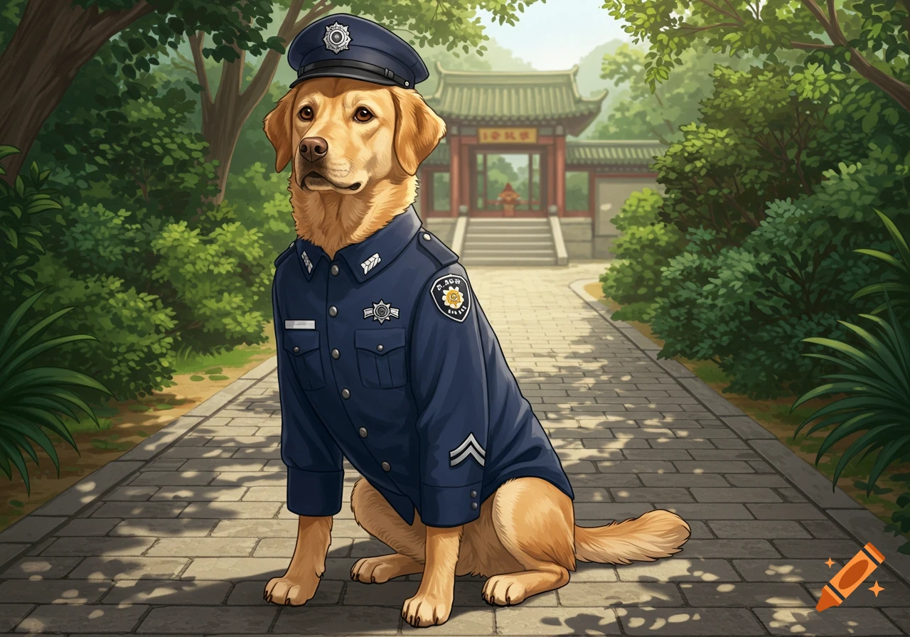 An illustrated golden retriever dog in a blue police uniform and cap sits on a stone path in front of a traditional East Asian building.