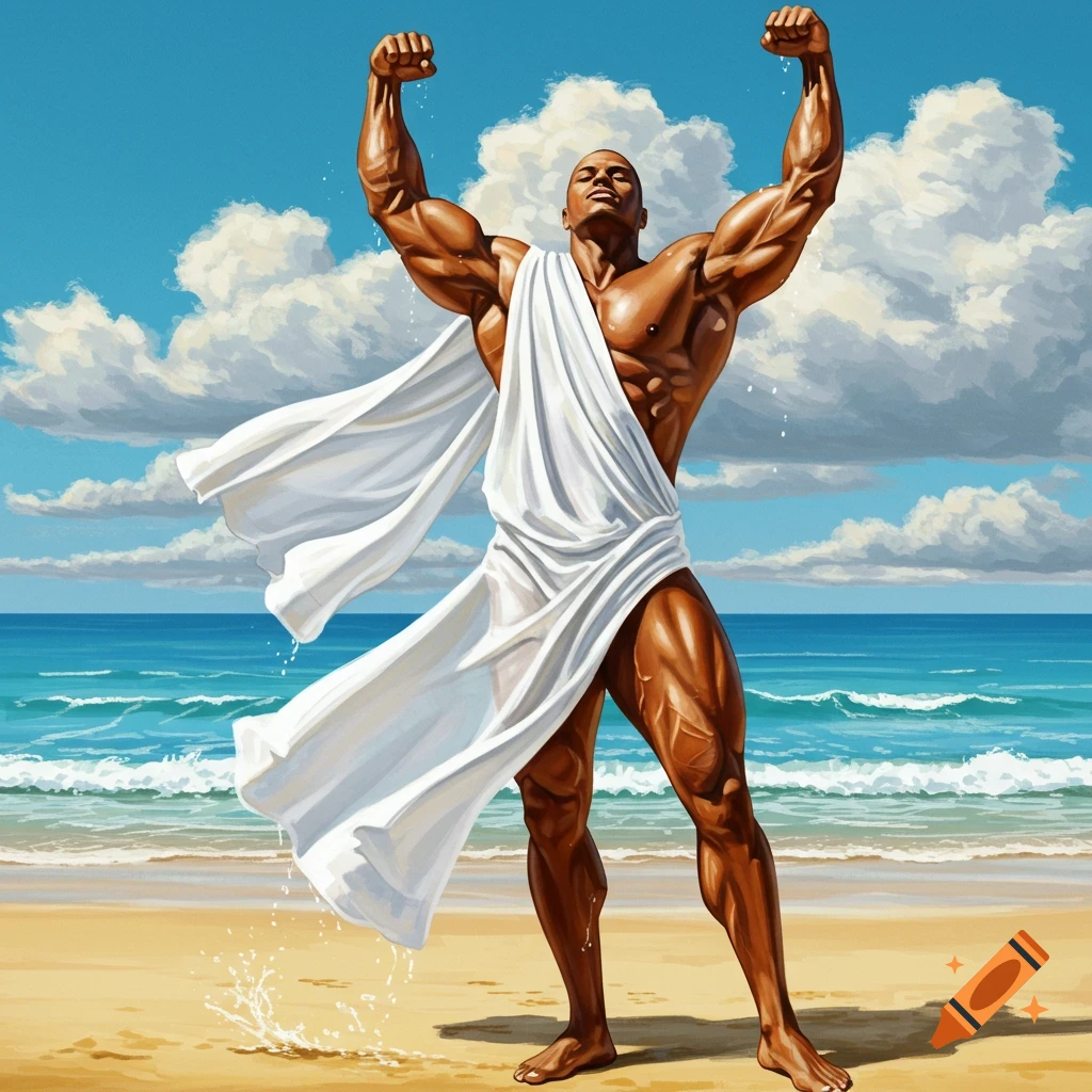 Muscular Black man in a white toga flexing on a sunny beach, arms raised, in a painterly style.